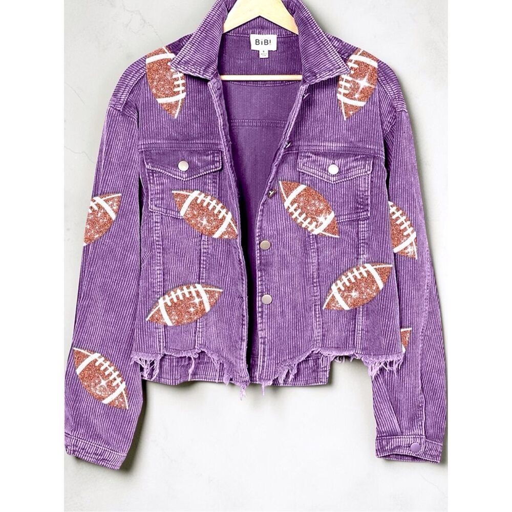 BiBi Purple Football Sequin Corduroy Jacket Gameday Raw Hem Shacket XL NEW - Picture 7 of 10